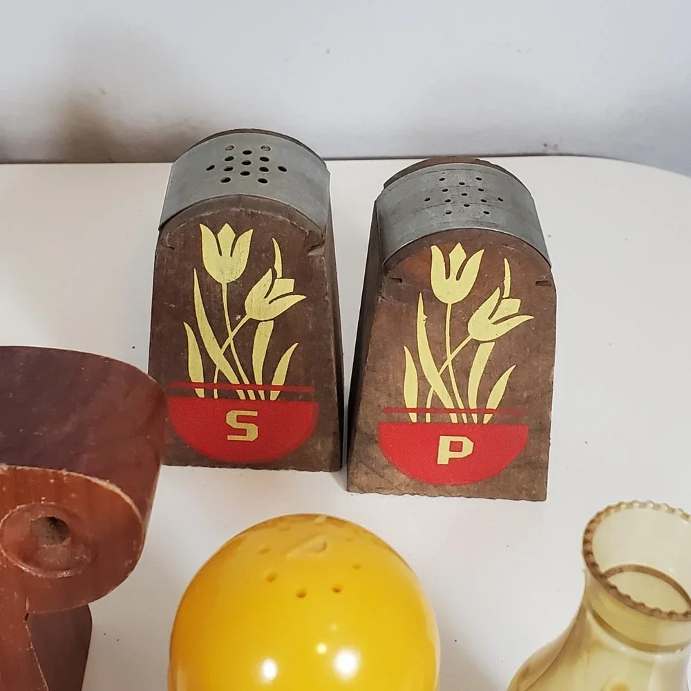 Vintage Lot Salt & Pepper Shakers Wooden Wood Plastic Mix Most Paired Collection